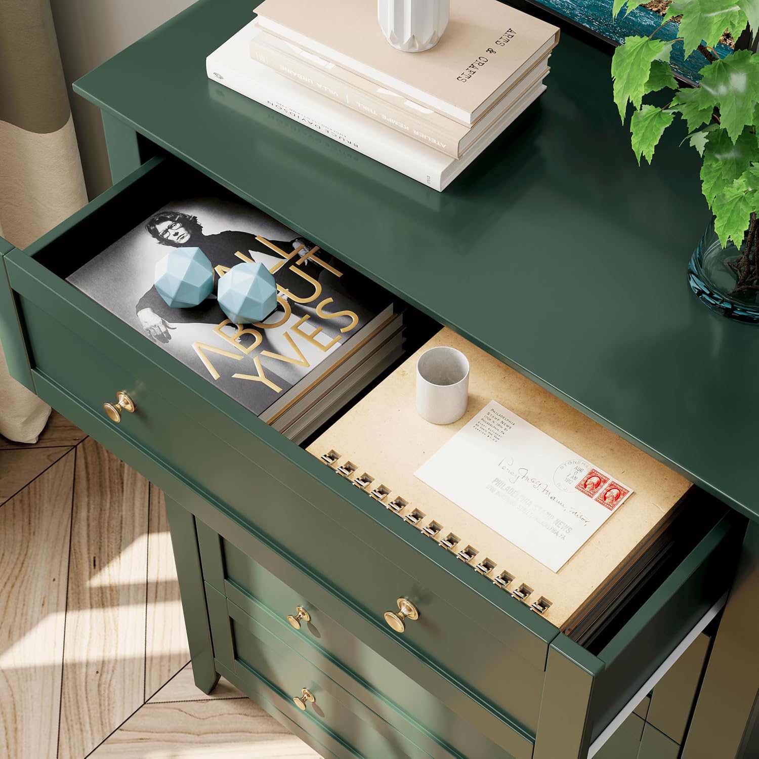 IDEALHOUSE Green 5 Drawer Dresser for Bedroom, Tall Dresser with Deep Drawers & Metal Knobs, Modern Wooden Chests of Drawers for Entryway, Hallway