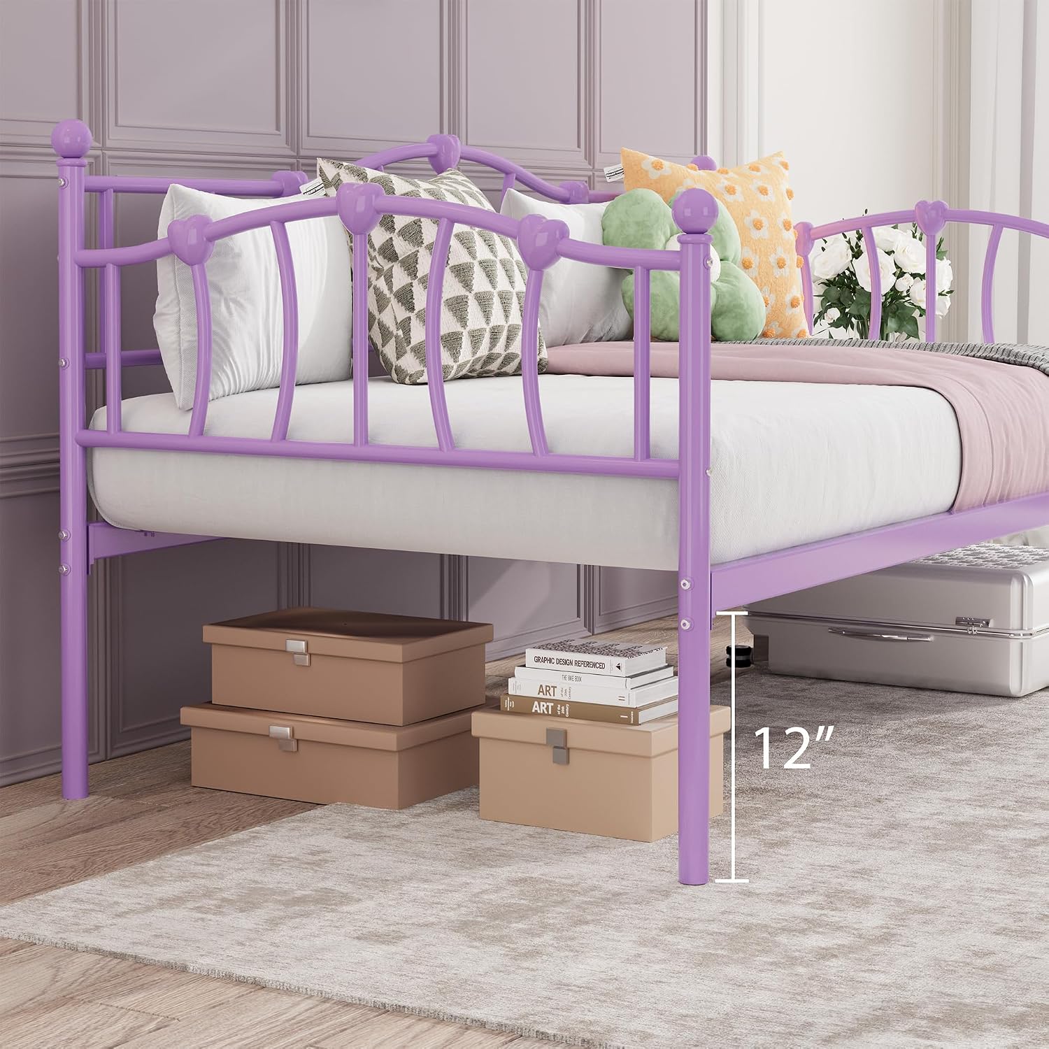 GarveeHome Twin Size Daybed Frame, Sofa Bed with Stylish Headboard, Heavy Duty Steel Slat Support, Space Saving for Living Room/Bedroom/Guest Room, Purple
