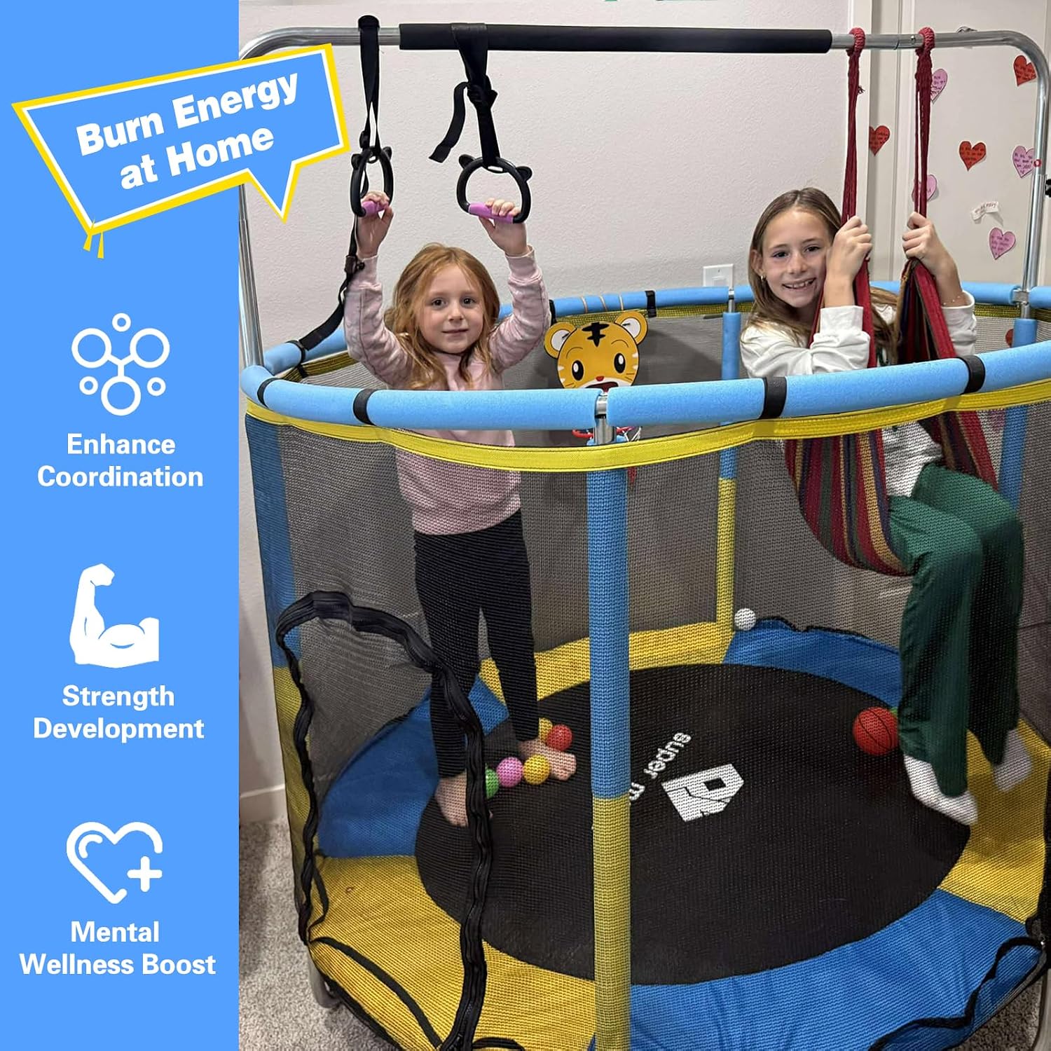 55' Indoor & Outdoor Trampoline for Kids with Enclosure, Toddler Trampoline with Adjustable Gymnastics Bar & Toys, No-Gap Safety Design