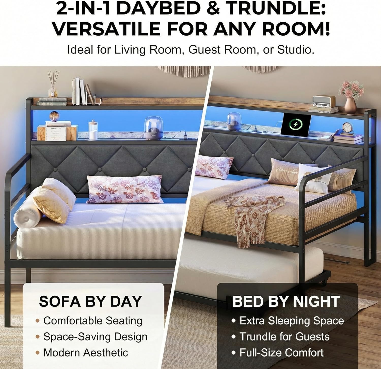 LIKIMIO Twin Daybed with Trundle, 700lbs Capacity, LED Lights & Charging Station, Twin Bed Frame with Storage, Convertible Sofa Bed for Bedroom, Living Room, Black