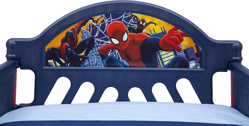 Delta Children Plastic Toddler Bed, Marvel Spider-Man + Delta Children Twinkle Galaxy Dual Sided Recycled Fiber Core Toddler Mattress (Bundle)