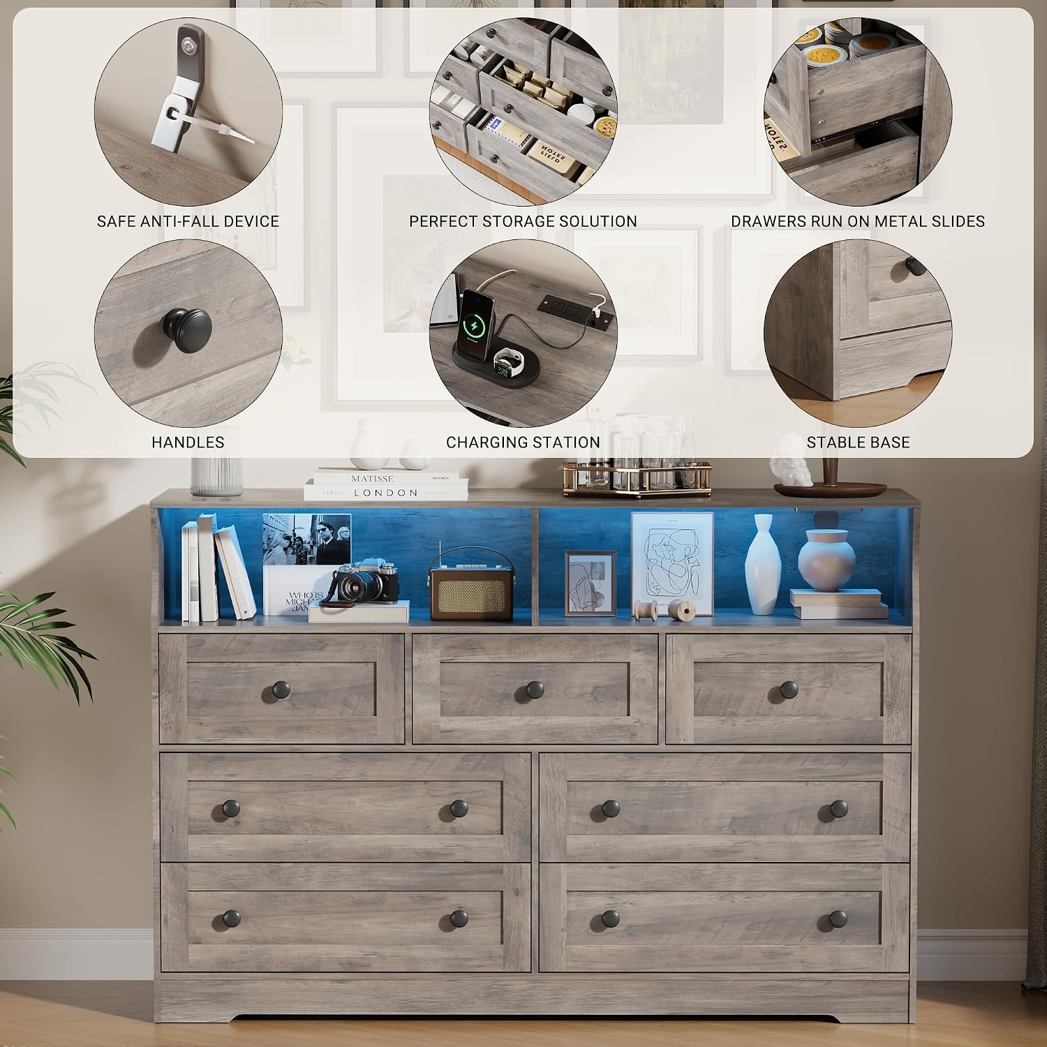 IDEALHOUSE Dresser for Bedroom with 7 Drawers, LED Lights & Charging Station, Wooden Chest with 2 Open Compartments, Freestanding Storage Organizer for Closet, Nursery, Entryway, Light Brown