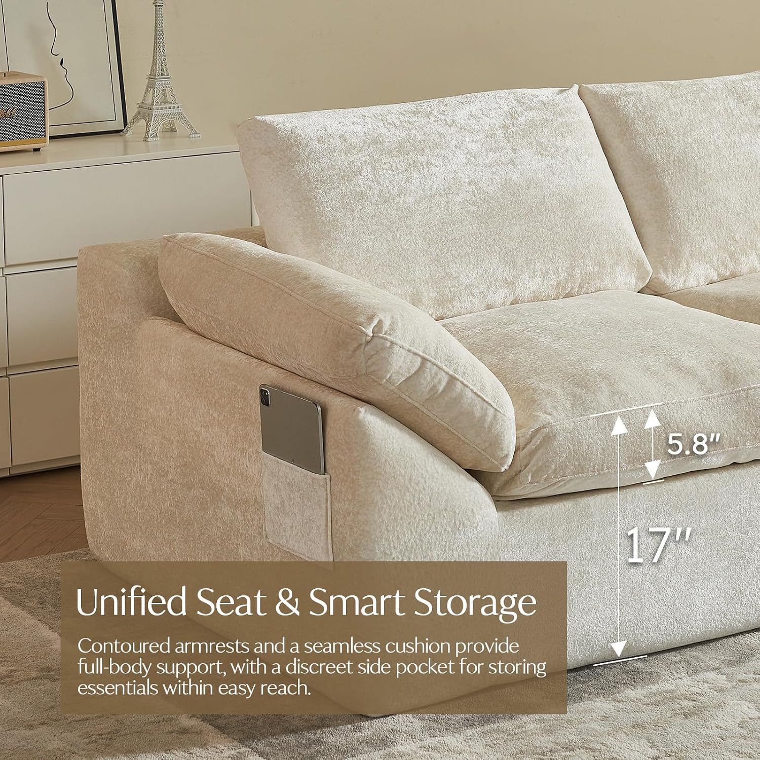 Vamcheer U Shaped Cloud Couch - Utra Soft Modular Sectional Sofa with 2 Movable Ottoman, Deep Seat Boneless Couches for Living Room, Bedroom, Office, No Assembly Required, Beige