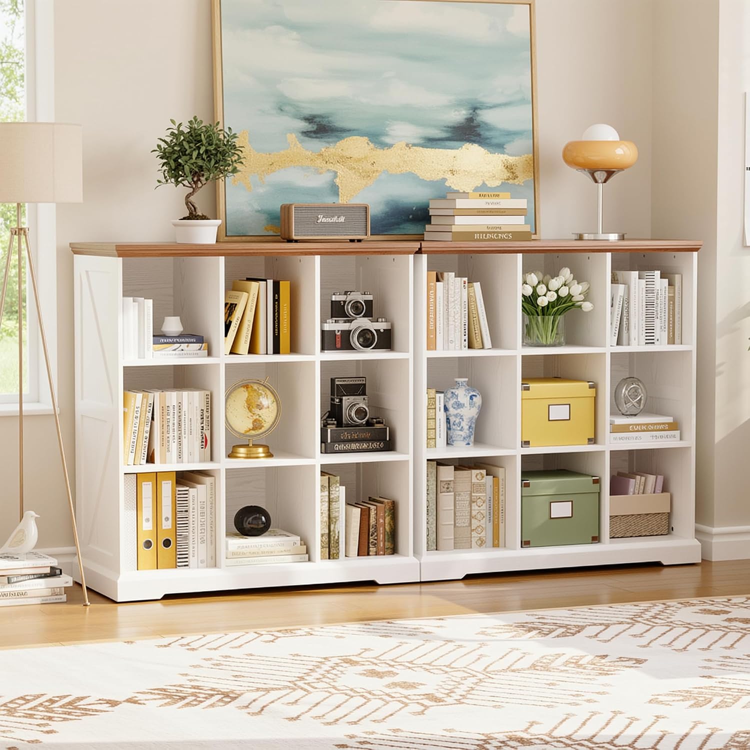 IRONCK Wooden 9 Cube Storage Organizer, Cube Shelf Organizer with Storage, Farmhouse Short Bookshelf for Bedroom, Living Room and Home Office, White