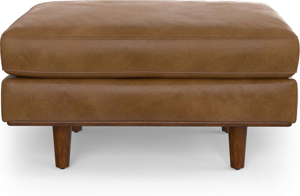 SIMPLIHOME Morrison 33 inch Wide Ottoman in Caramel Brown Genuine Leather, Multifunctional Footrest, Coffee Table, and Extra Seating for Living Room, Mid-Century Modern Style