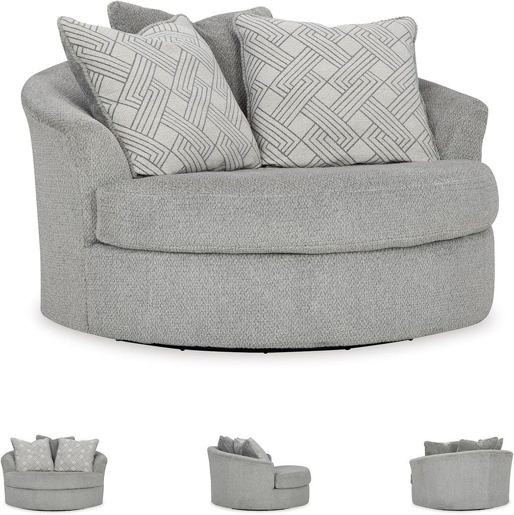 Signature Design by Ashley Casselbury Contemporary Upholstered Oversized Swivel Accent Chair with 3 Throw Pillows, Light Gray