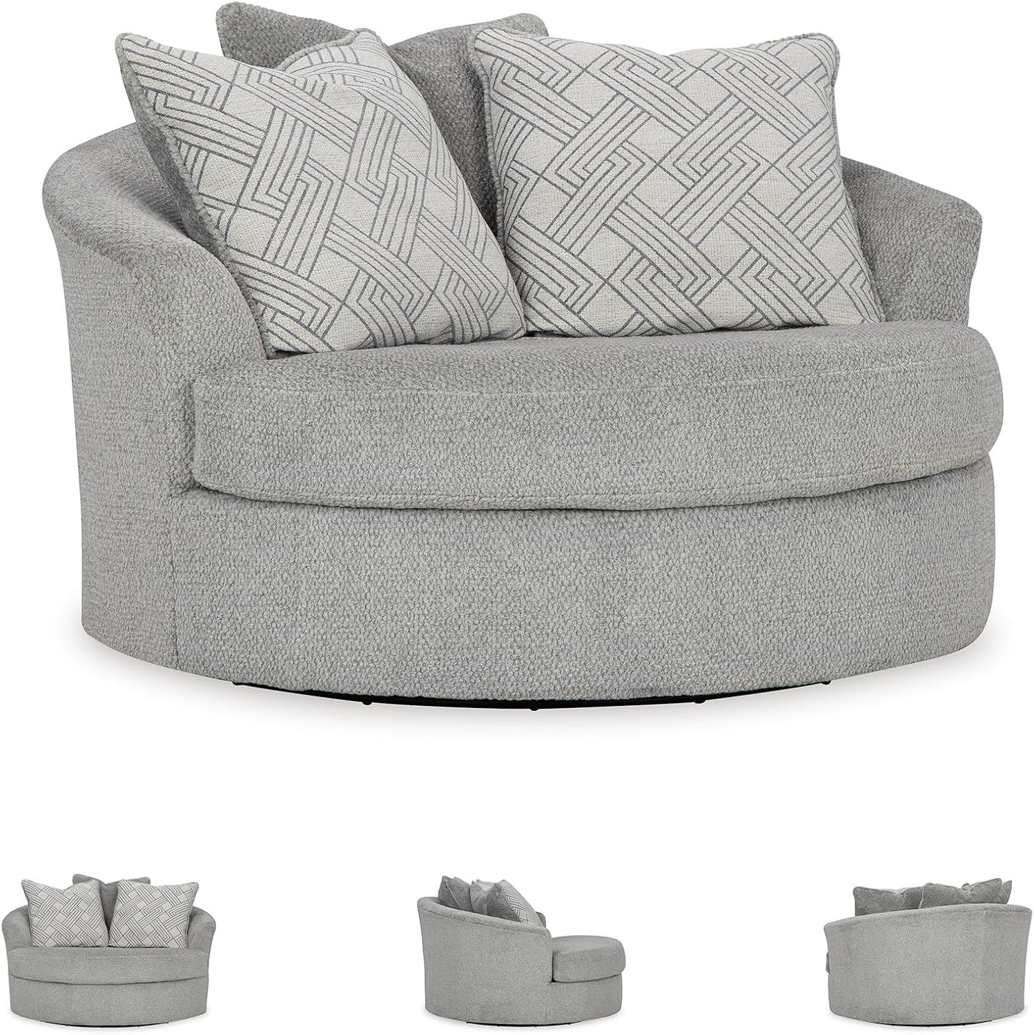 Signature Design by Ashley Casselbury Contemporary Upholstered Oversized Swivel Accent Chair with 3 Throw Pillows, Light Gray