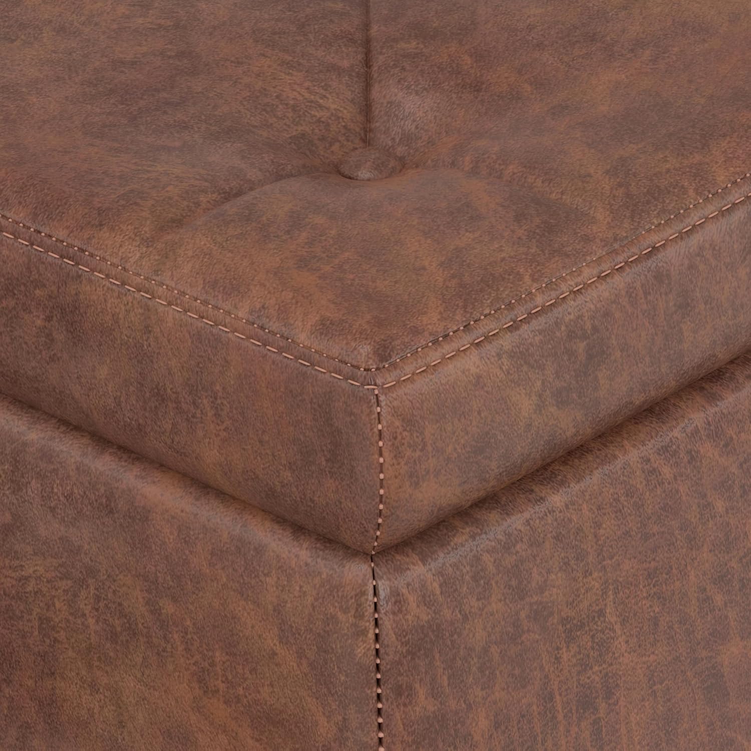 SIMPLIHOME Hamilton Storage Ottoman - 48 inch Wide Upholstered Vegan Leather Rectangle Storage Ottoman Bench in Distressed Umber Brown, Traditional Tufted Ottoman for Living Room with Lift-Up Lid