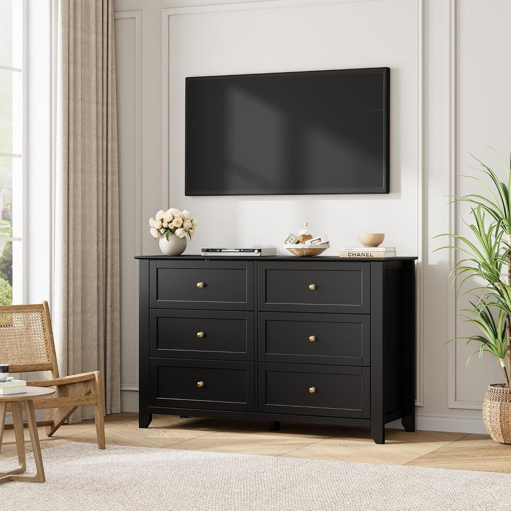 IDEALHOUSE Black 6 Drawer Dresser for Bedroom, Large Dresser with Deep Drawers & Metal Knobs, Modern Wooden Chests of Drawers for Entryway, Hallway