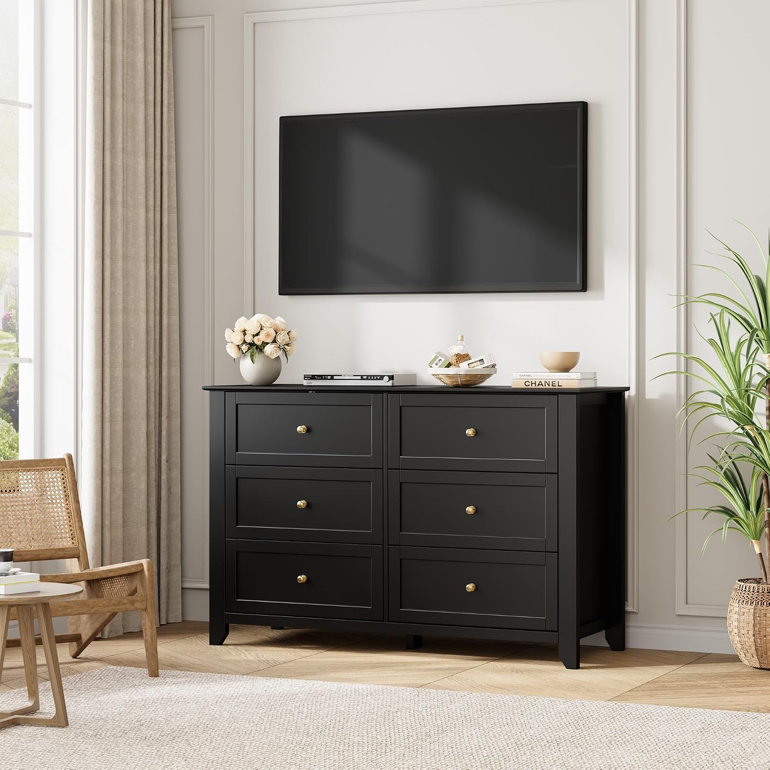 IDEALHOUSE Black 6 Drawer Dresser for Bedroom, Large Dresser with Deep Drawers & Metal Knobs, Modern Wooden Chests of Drawers for Entryway, Hallway
