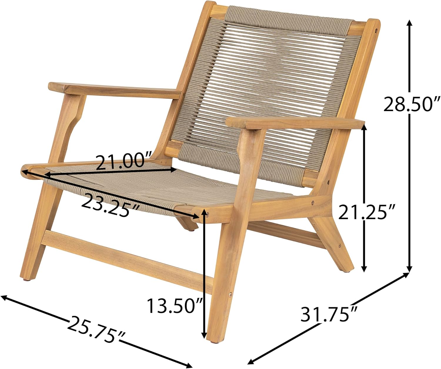 Christopher Knight Home Veera Patio Chair Set of 2 with Acacia Wood Frame and Handwoven Rope, Outdoor Lounge Chair, Stylish Outdoor Accent Chair for Garden/Deck/Backyard, Beige + Light Teak