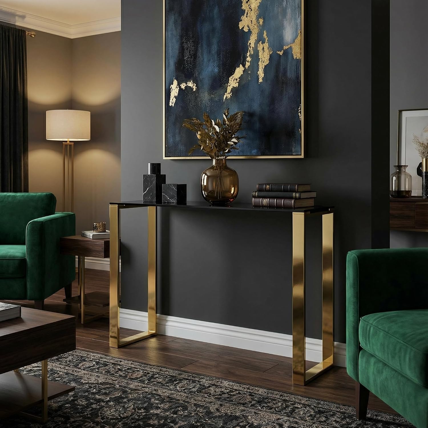 Cortesi Home Remini Narrow Contemporary Glass Console Table in Polished Gold Finish, Black Glass