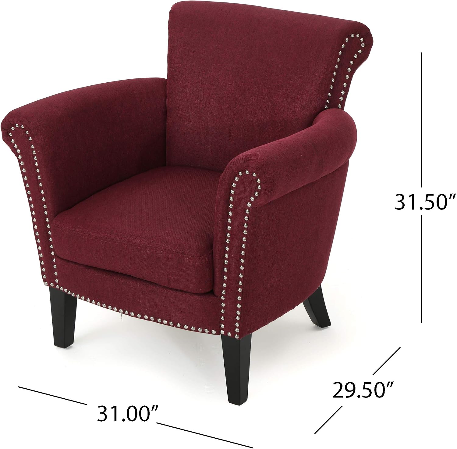 Brice Contemporary Scroll Arm Club Chair with Nailhead Trim, Wine and Dark Brown
