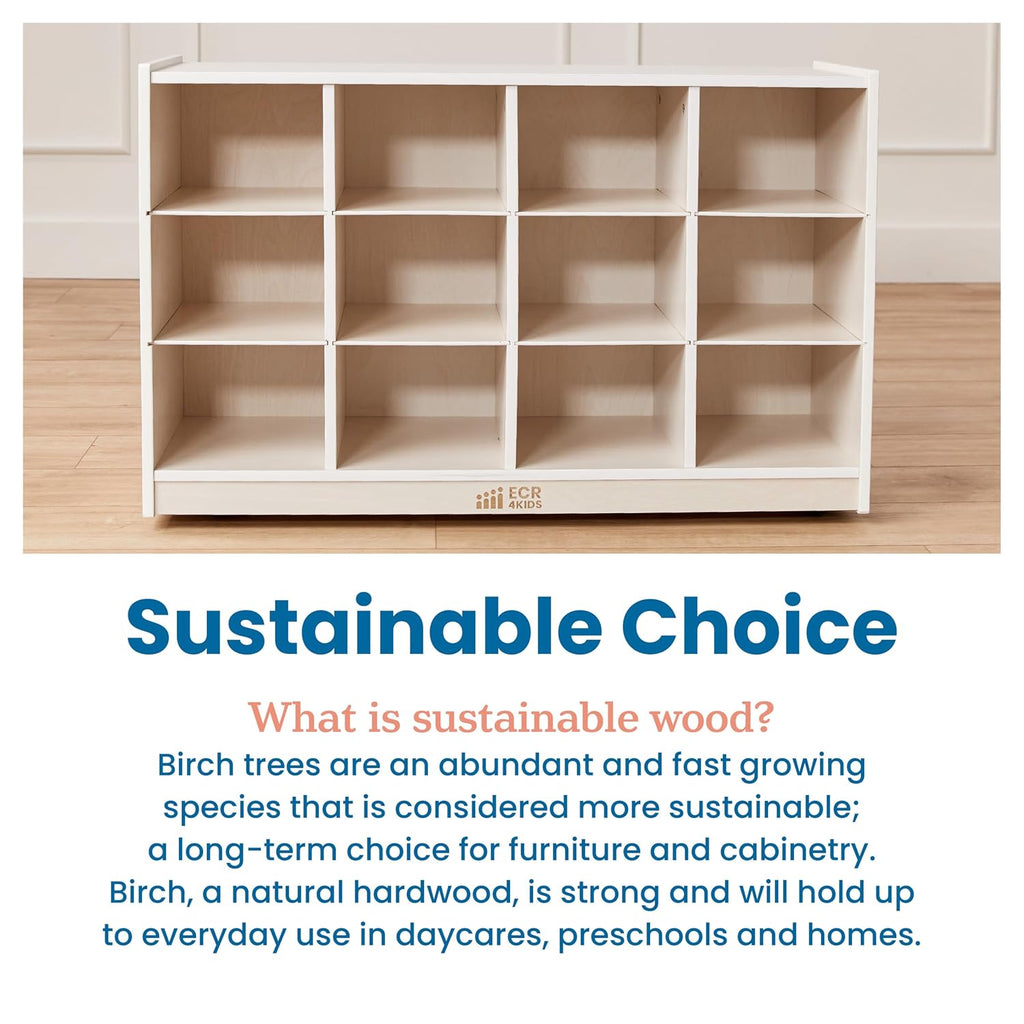 ECR4Kids 12 Cubby Mobile Tray Storage Cabinet, 3x4, Classroom Furniture, White Wash