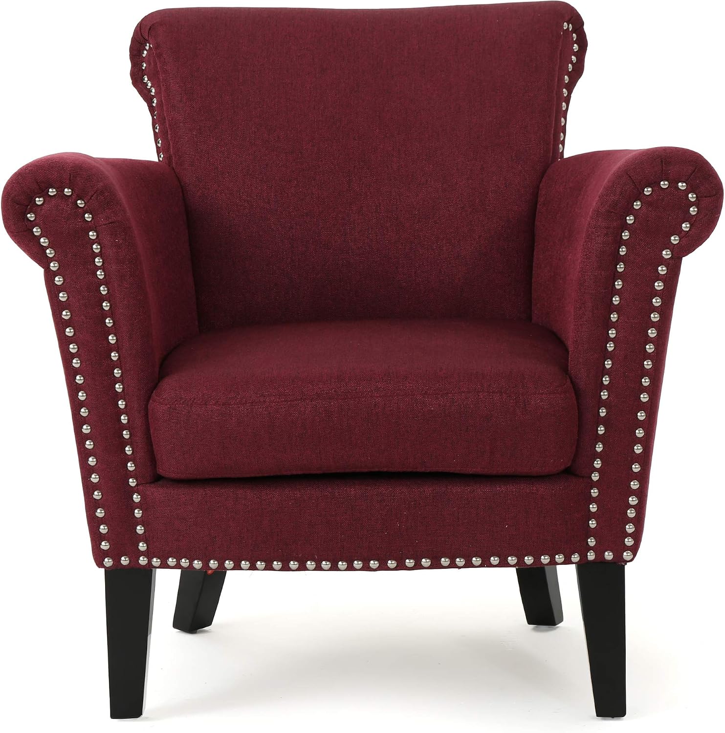 Brice Contemporary Scroll Arm Club Chair with Nailhead Trim, Wine and Dark Brown
