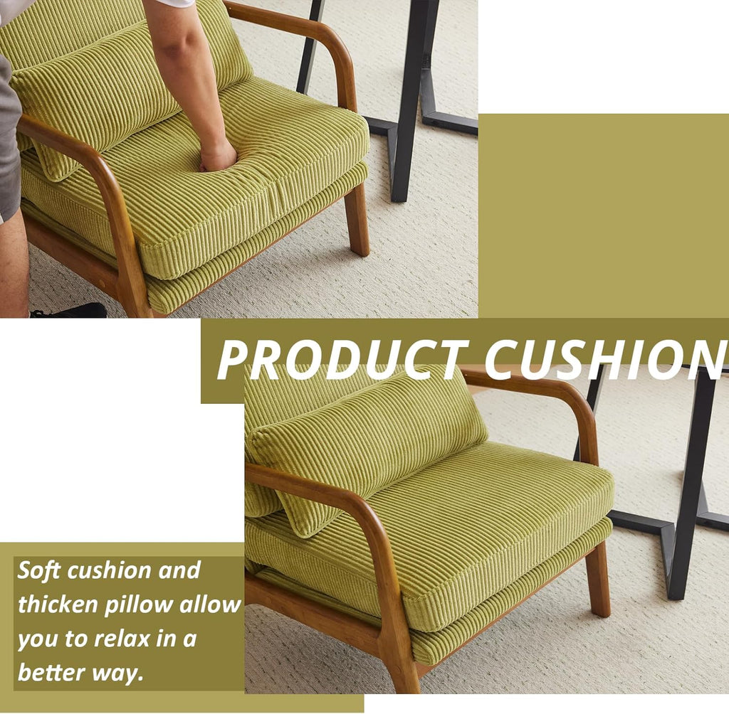 Karl home Mid-Century Modern Accent Chair, Living Room Chairs with Pillow High Back Corduroy Upholstered Lounge Armchair with Solid Wood Frame & Soft Cushion for Bedroom, Reading Room, Green