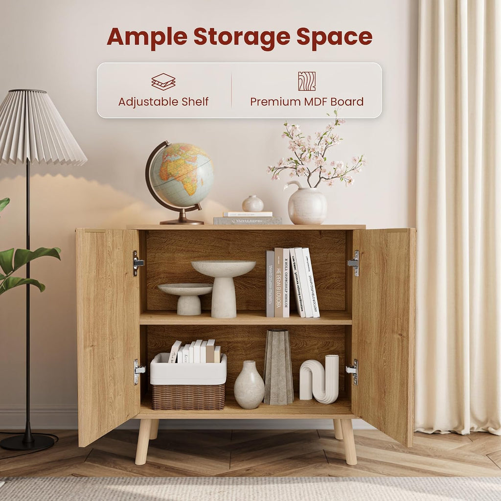Pamapic Fluted Storage Cabinet, Sideboard Buffet with Doors and Shelf, Wooden Console Table & Credenza, Multifunctional Entryway Cabinet for Living Room, Dining Room (Natural)