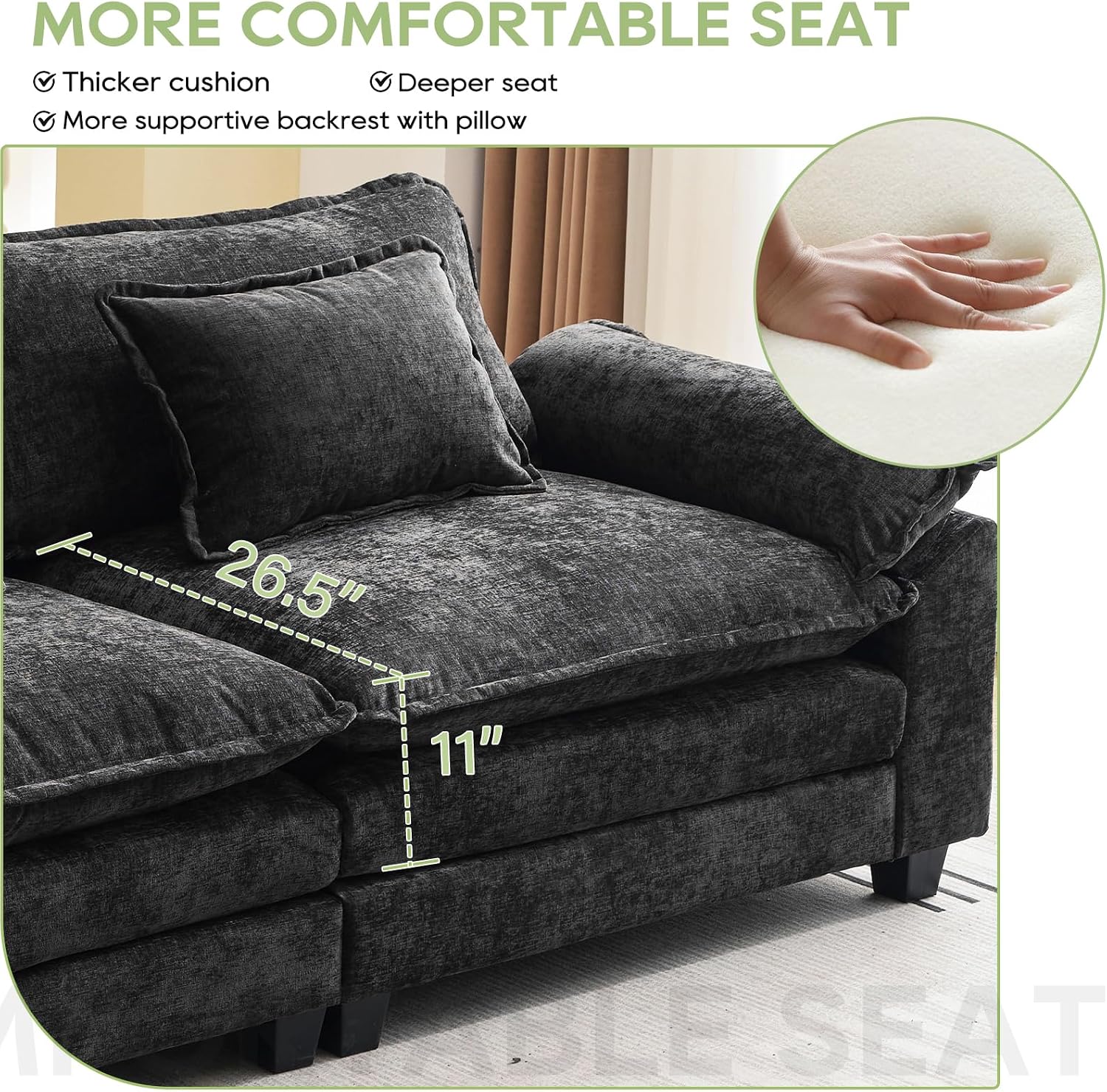 Oprisen 154' Modular Sectional Sofa, Comfy Cloud Couch Sectional Sofa with Ottoman, Chenille Sofa Sleeper Deep Seat Sofa with Throw Pillows for Living Room (Black, 154'- U Shape)