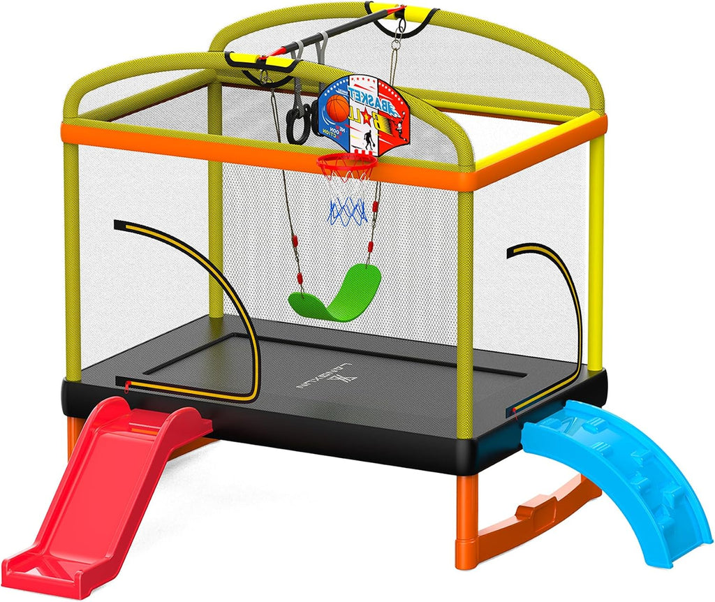 6.5FT Rectangle Trampoline with Swing Basketball Outdoor Climb Slide Trampoline for Kids Recreation Trampolines with Enclosure Safety Net