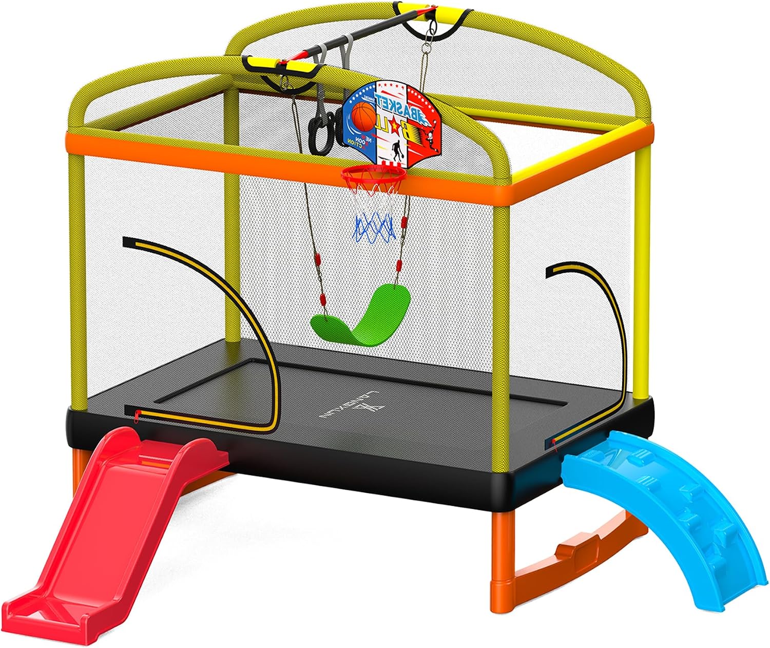 6.5FT Rectangle Trampoline with Swing Basketball Outdoor Climb Slide Trampoline for Kids Recreation Trampolines with Enclosure Safety Net