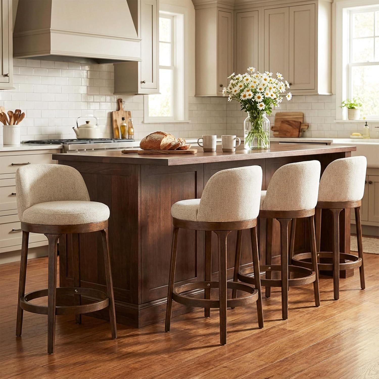 Christopher Knight Home Linhill 26.5' H Bar Stools Set of 4, Indoor Wooden Counter Stools with Round Upholstered Seat, Kitchen Stools, Rubberwood Frame with Footrest for Dining Island, Beige + Walnut