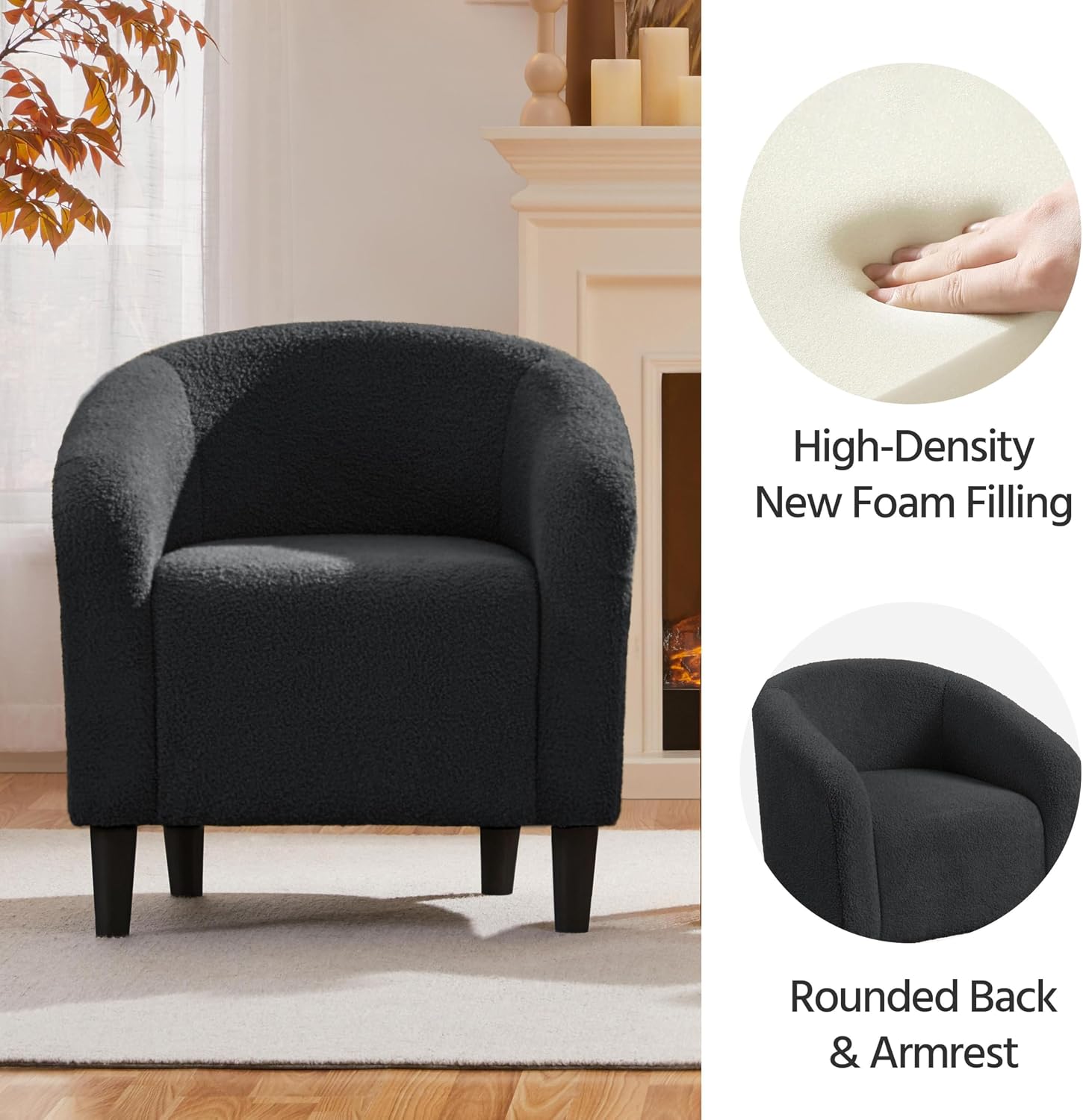 Yaheetech Accent Barrel Chair, Boucle Fabric Club Chair, Furry Sherpa Elegant Armchair with Cozy Soft Padded, Suitable for Living Room Bedroom Reception Room Office, Dark Gray