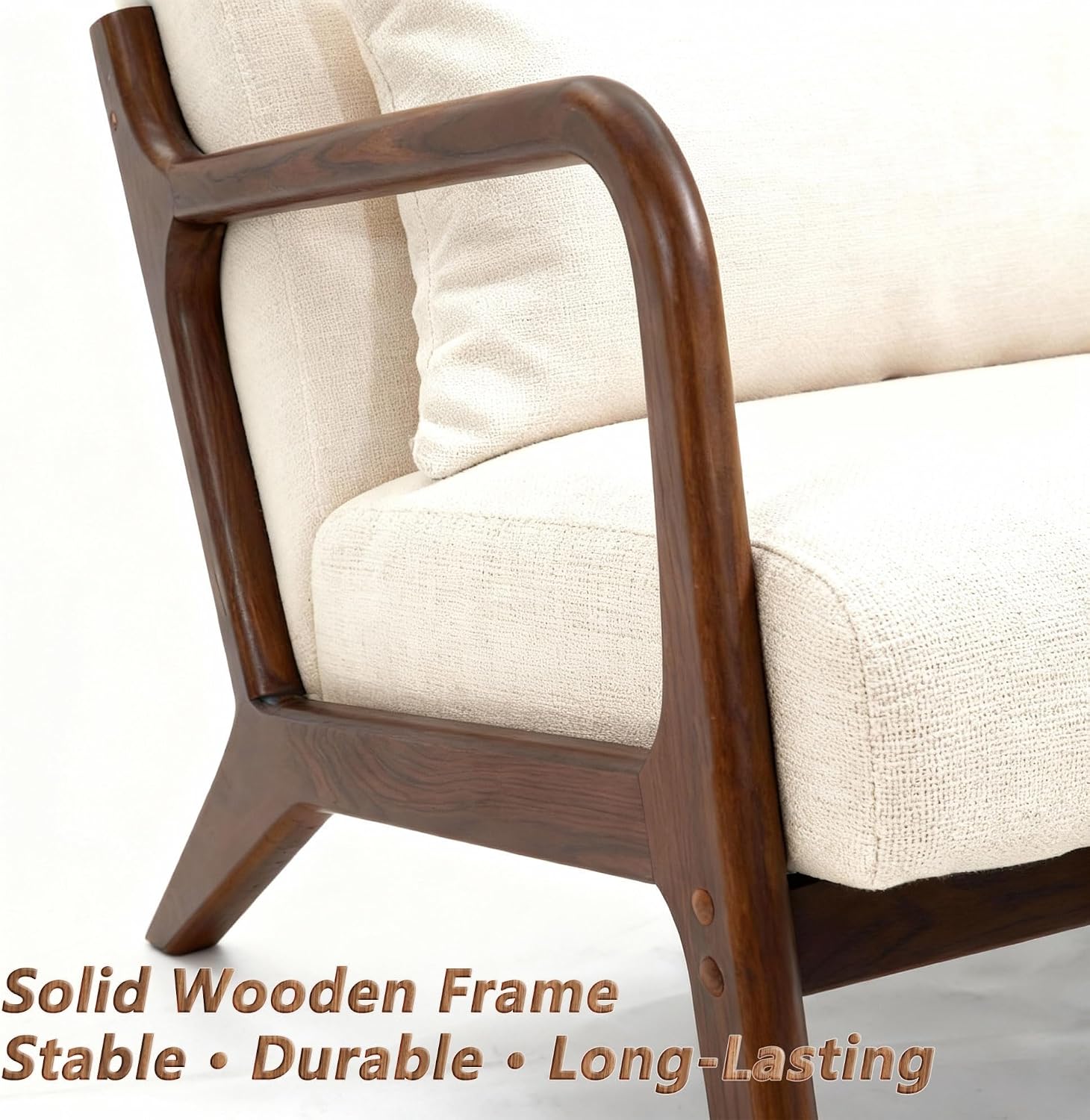 Set of 2 Mid Century Modern Accent Chair - Solid Rubberwood Frame Reading Armchair with Lumbar Pillow - Comfy Linen Lounge Chair for Living Room Bedroom Small Space - Heavy Duty 350lbs