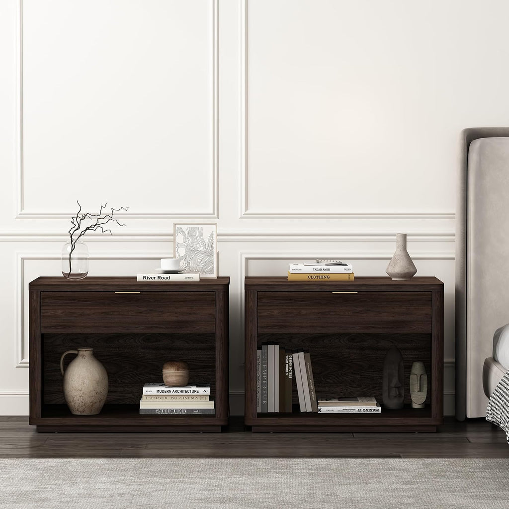 Manhattan Comfort Evelyn Set of 2 Nightstands with Drawer and Open Shelf Cubby, Minimalist Bedside Table with Rounded Corners and Raised Base, Modern Night Stand for Bedroom, or Living Room in Brown