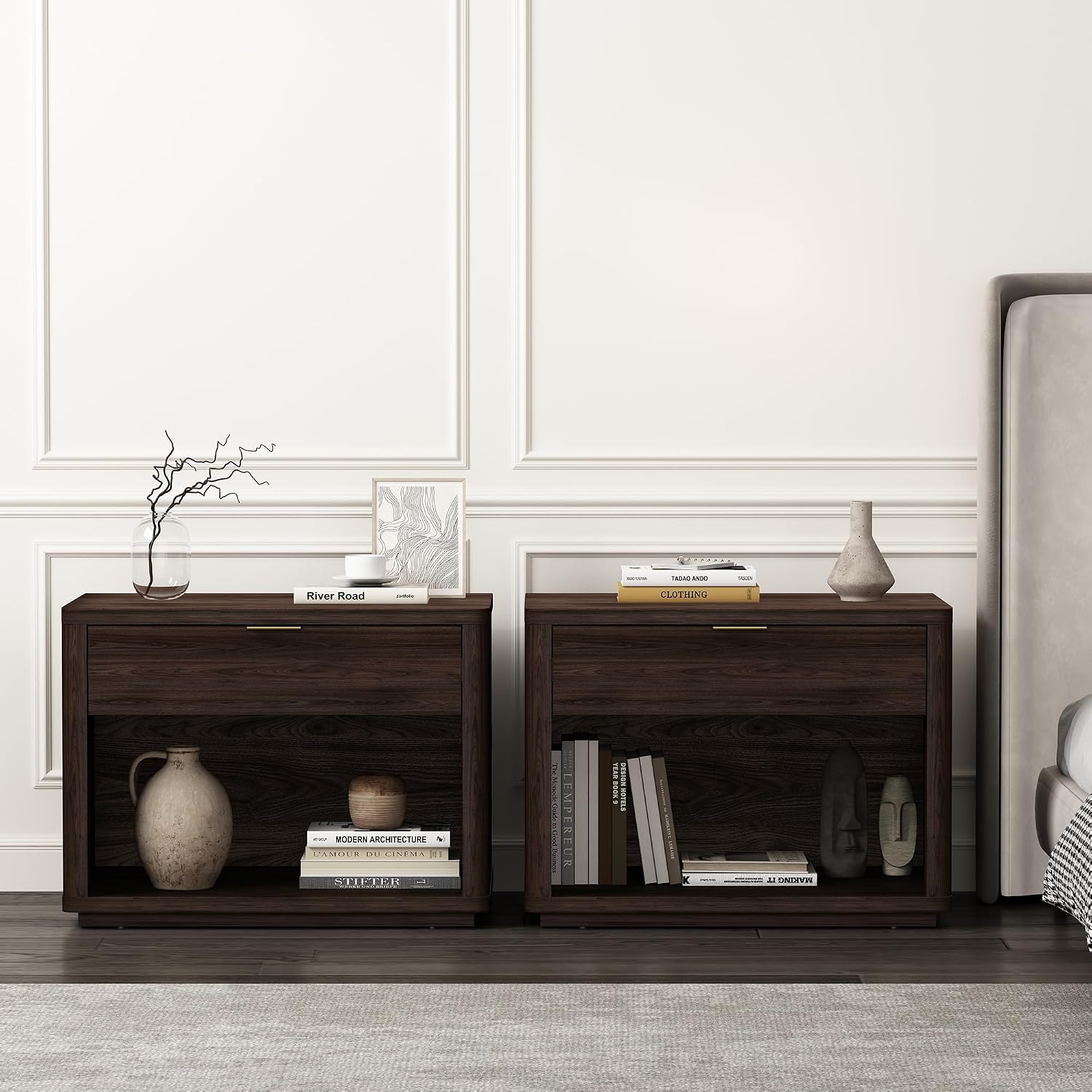 Manhattan Comfort Evelyn Set of 2 Nightstands with Drawer and Open Shelf Cubby, Minimalist Bedside Table with Rounded Corners and Raised Base, Modern Night Stand for Bedroom, or Living Room in Brown