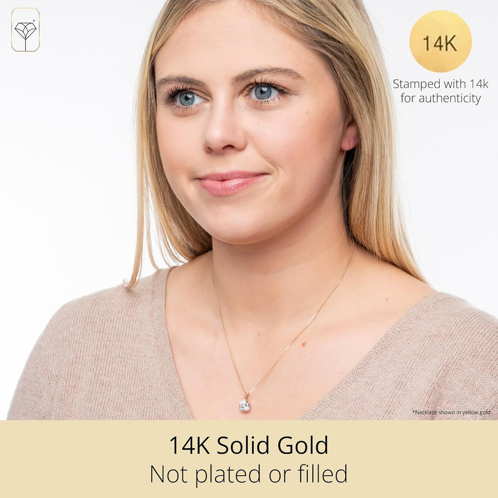 MAX + STONE 14k Gold 8mm Round Solitaire Cubic Zirconia Pendant Necklace for Women with 18 Inch Box Chain