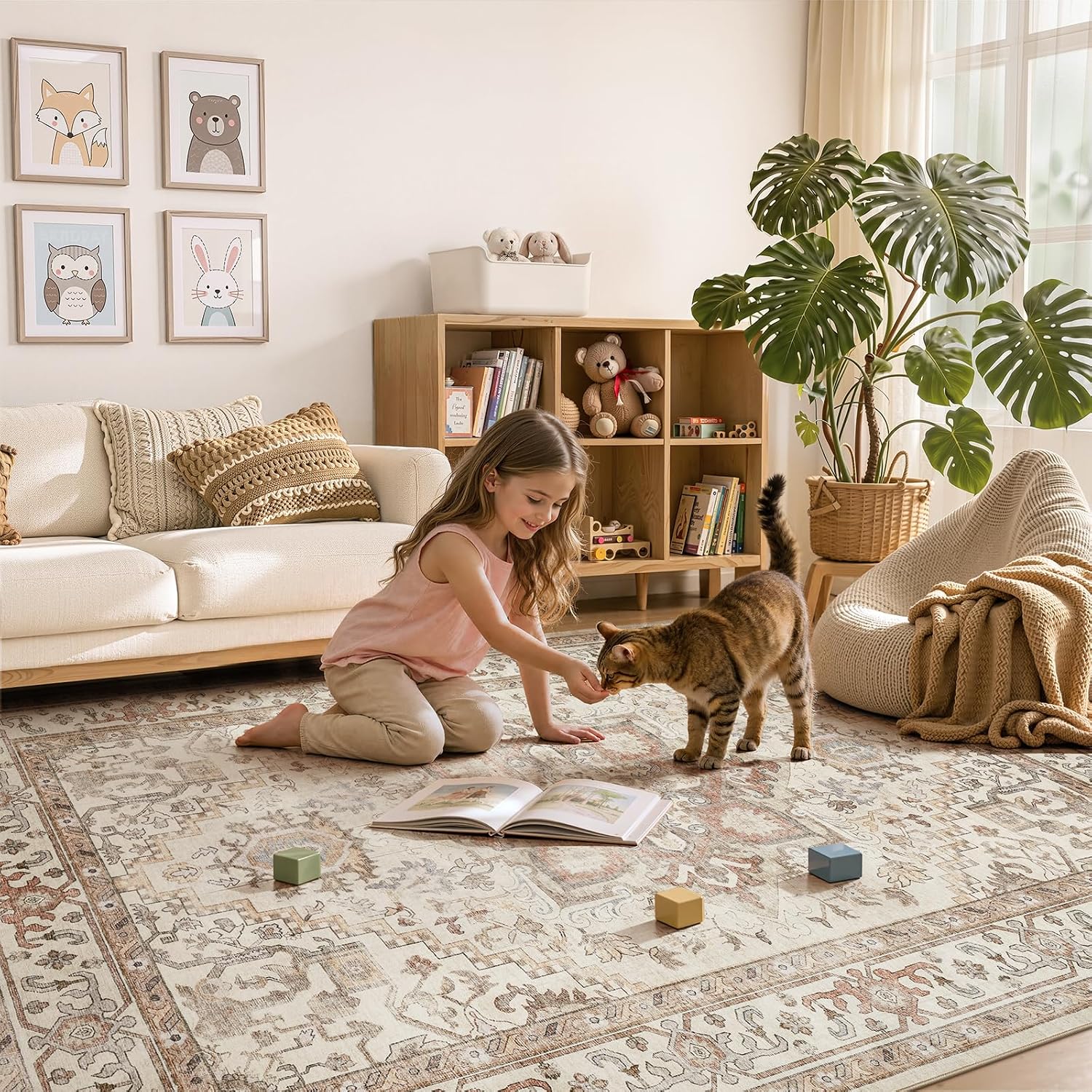 DTICON Washable Rug 10x12 Area Rugs: Boho Vintage Distressed Oriental Medallion Neutral Thin Large Rug Carpet for Living Room Bedroom Dining Room Home Office Decor - Beige