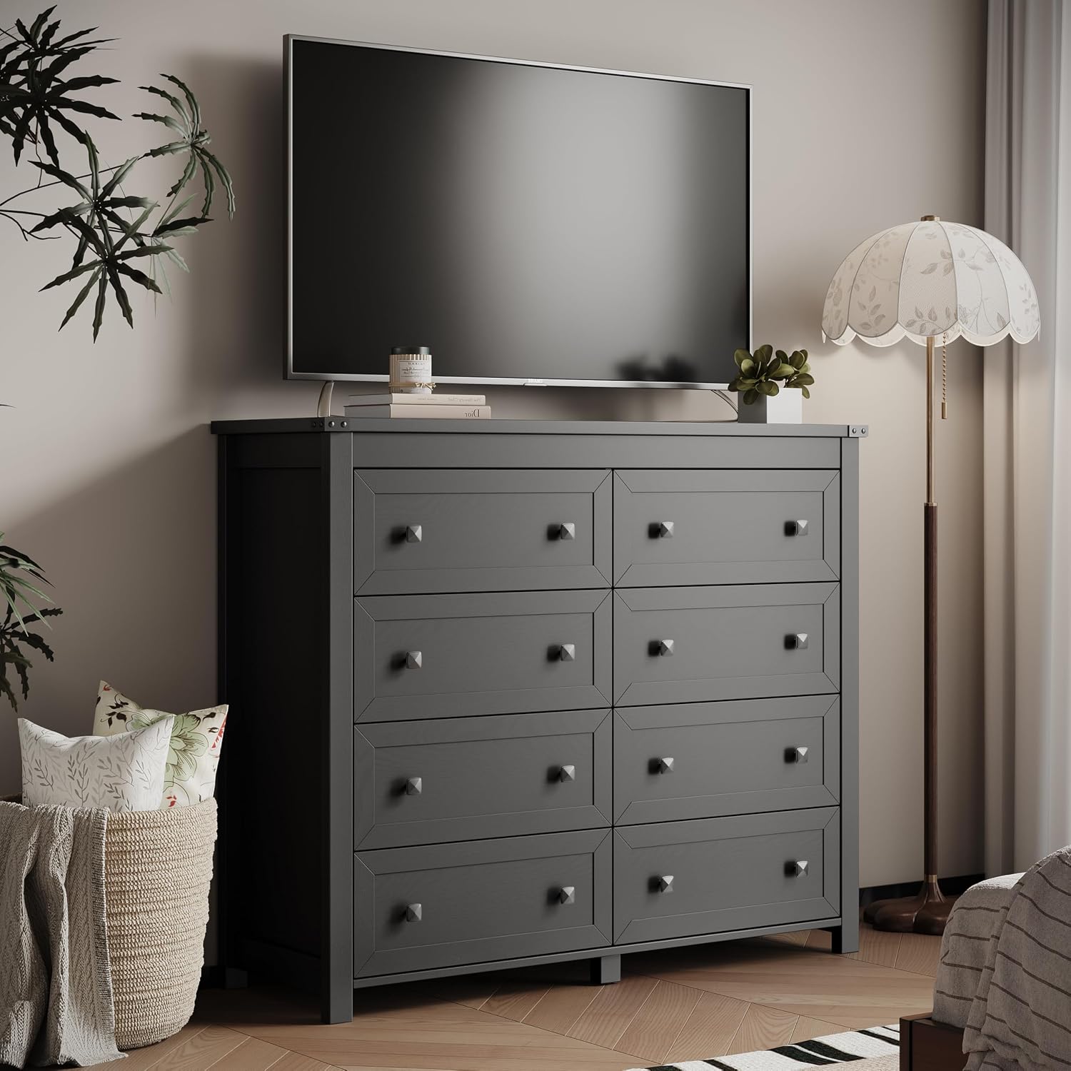 Dresser for Bedroom with 8 Drawers, Farmhouse Wood Chest of Drawers, Wide TV Stand Closet Storage Furniture with Metal Handle, Modern Clothes Organizer for Hallway, Living Room, Entryway, Black