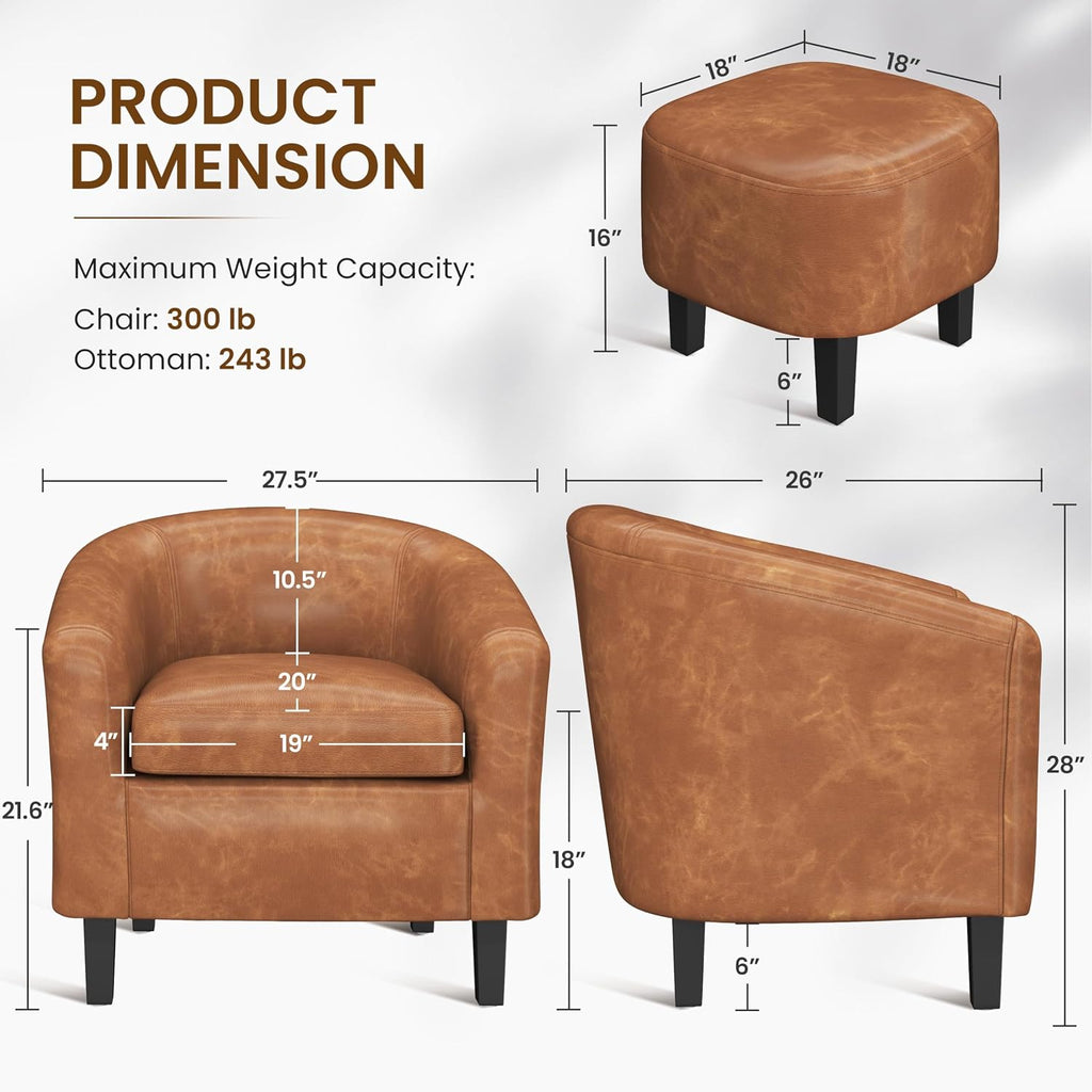 Yaheetech Barrel Chair with Ottoman Set, Faux Leather Accent Chair with Soft Padded and Sturdy Legs for Living Room/Bedroom/Study/Waiting Room, Brown