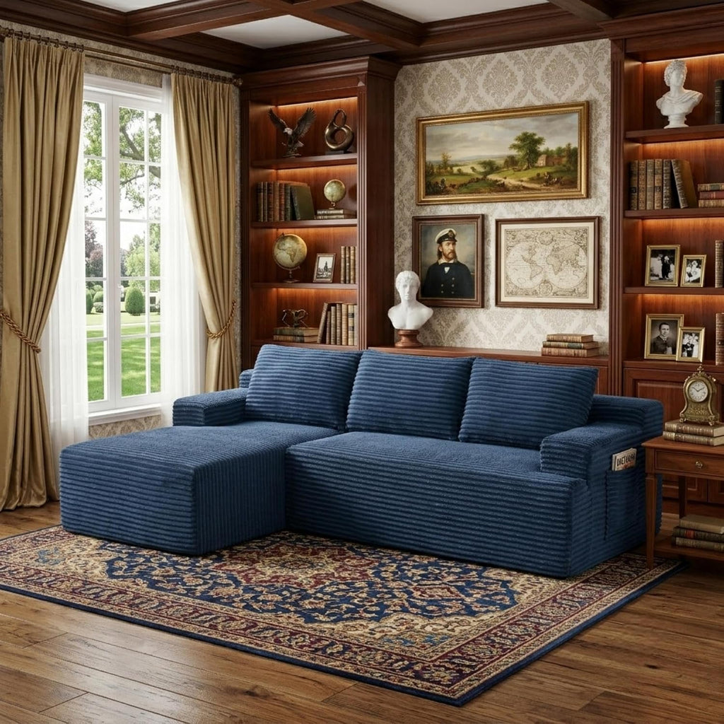 96' Corduroy Sectional Sofa Boneless Couches for Living Room - L Shaped Compressed Cloud Couch with Left Facing Chaise Lounge and Side Pockets