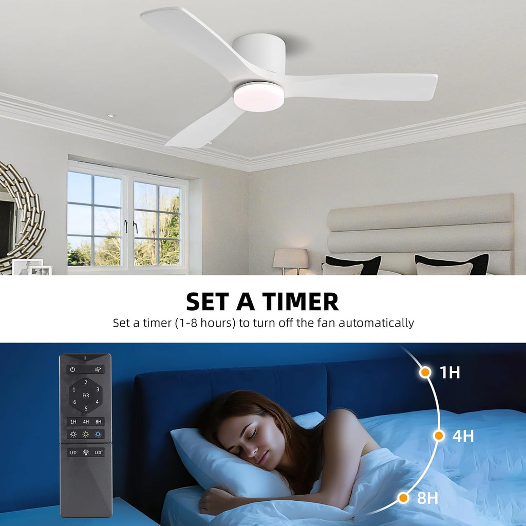 WINGBO 48 Inch Flush Mount DC Ceiling Fan, 3CCT Dimmable Light, 3 Carved Wood Blades, 6-Speed Noiseless Reversible DC Motor, Hugger Low Profile Fan, Gloss White Finish with White Blades, ETL Listed