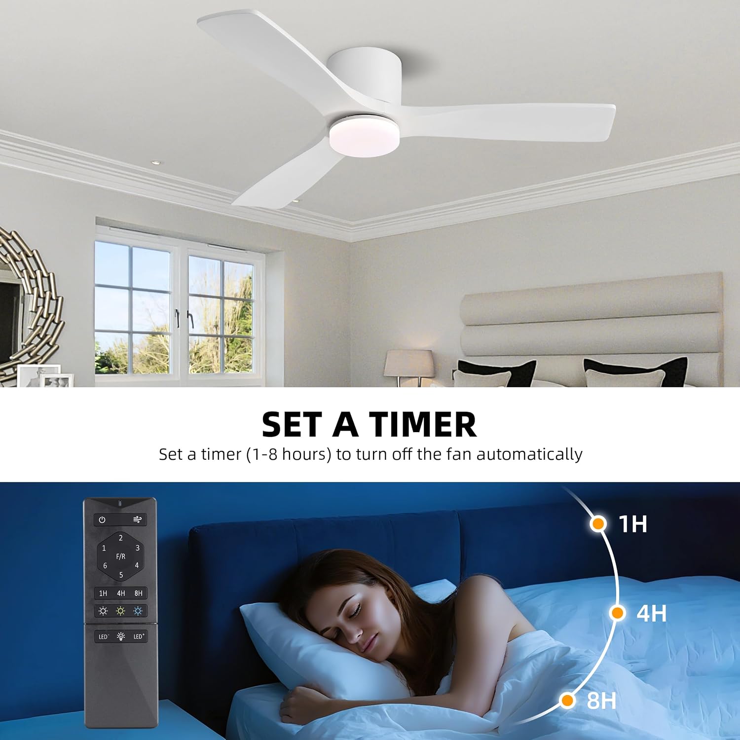 WINGBO 48 Inch Flush Mount DC Ceiling Fan, 3CCT Dimmable Light, 3 Carved Wood Blades, 6-Speed Noiseless Reversible DC Motor, Hugger Low Profile Fan, Gloss White Finish with White Blades, ETL Listed