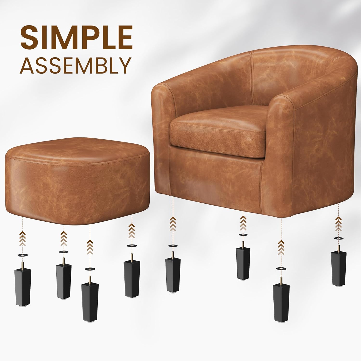 Yaheetech Barrel Chair with Ottoman Set, Faux Leather Accent Chair with Soft Padded and Sturdy Legs for Living Room/Bedroom/Study/Waiting Room, Brown
