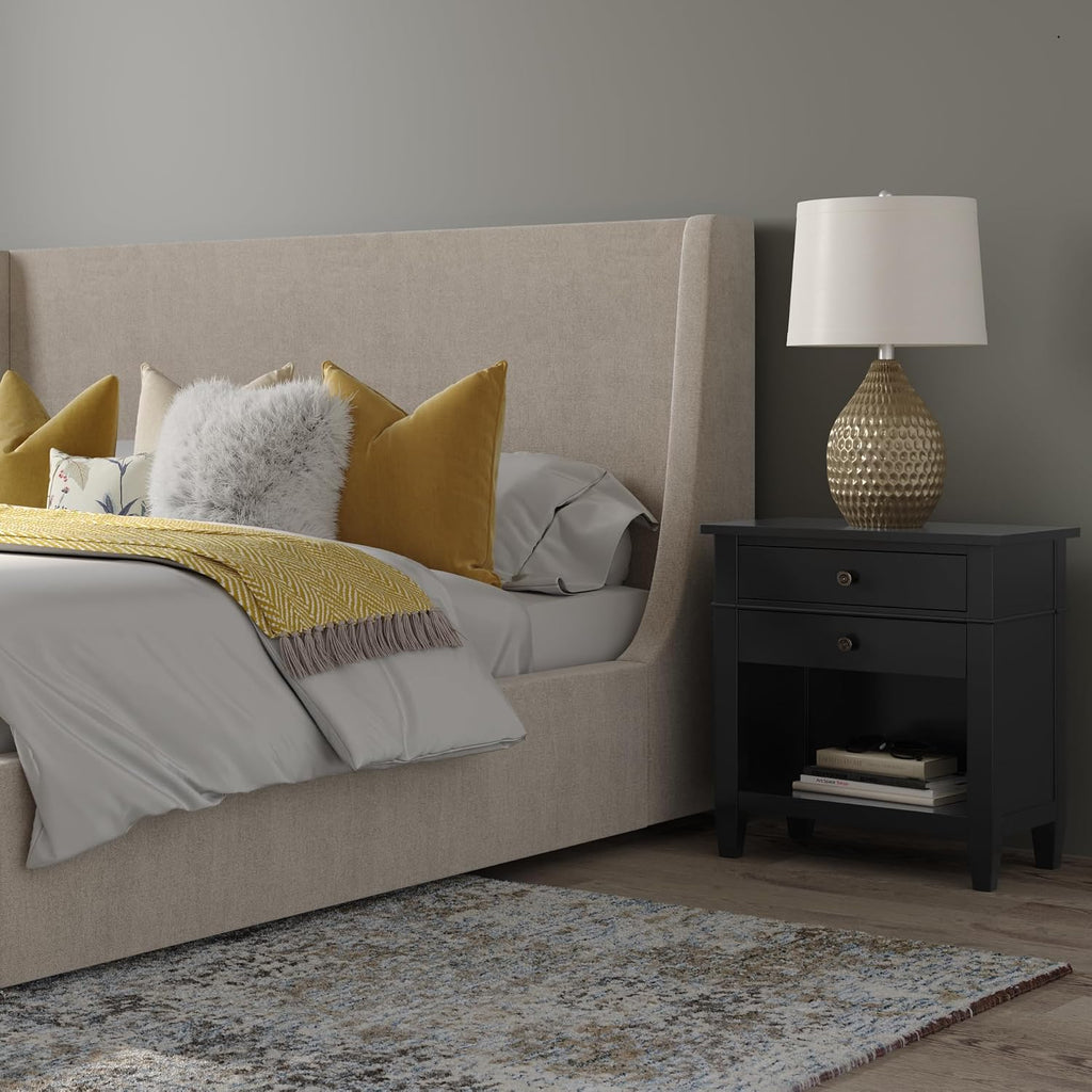SIMPLIHOME Carlton Bedside Table - 24 inch Wide Solid Wood Nightstand Table in Black, Contemporary Bedroom Side or End Table with 2 Drawers, Open Storage Shelf and Bronze Hardware