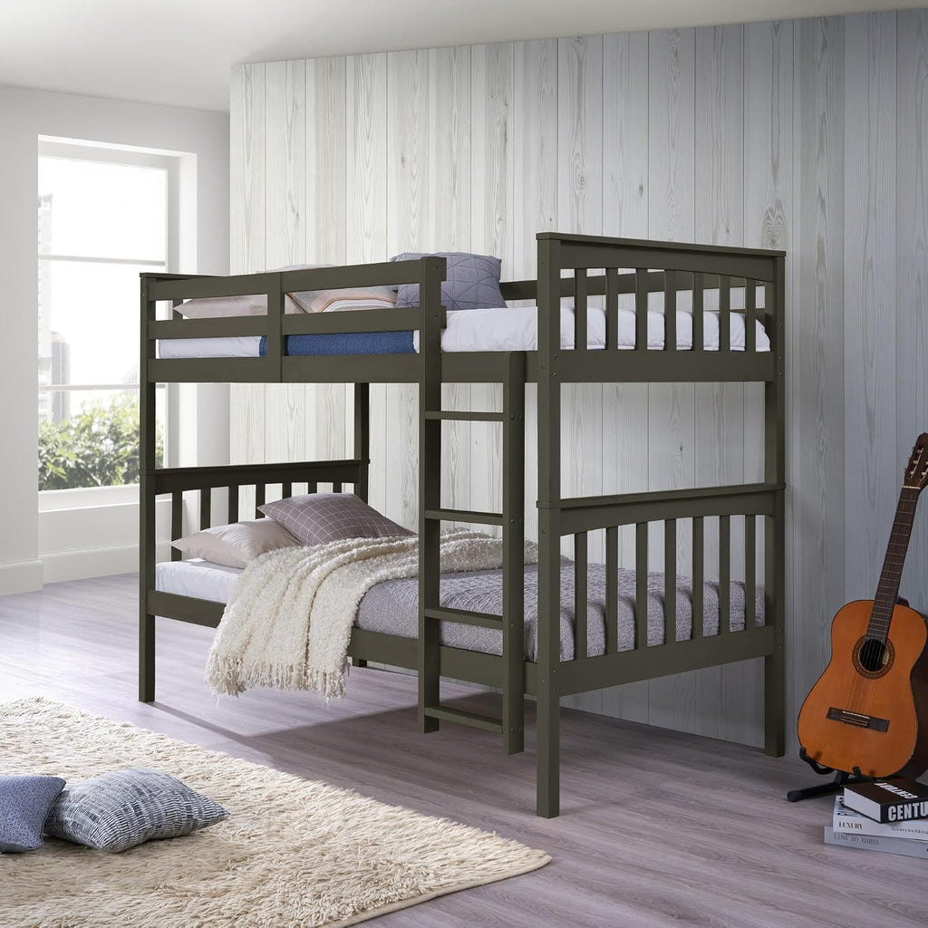 HOME DESIGN Ames Twin Over Twin Solid Wood Standard Bunk Bed with Guardrails and Ladder, Convertible to Two Twin Beds, Gray