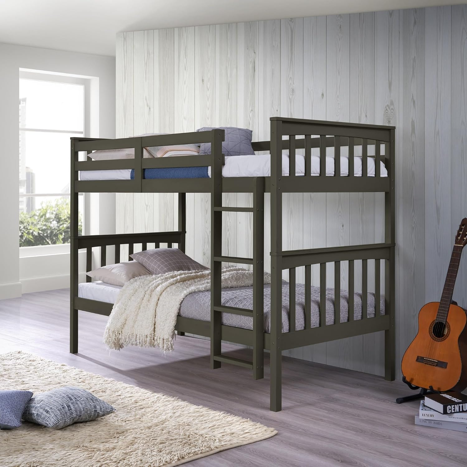 HOME DESIGN Ames Twin Over Twin Solid Wood Standard Bunk Bed with Guardrails and Ladder, Convertible to Two Twin Beds, Gray