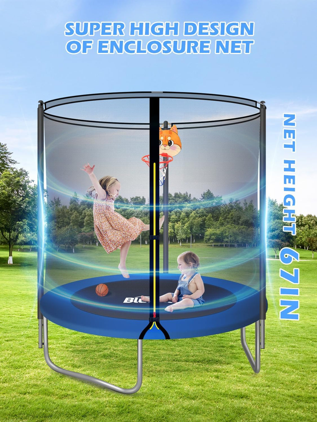 BLUERISE 55IN 6FT Toddler Trampoline for Kids Indoor Outdoor Play for Kids Trampoline Basketball Hoop Attachment with Enclosure Net Easy to Assemble