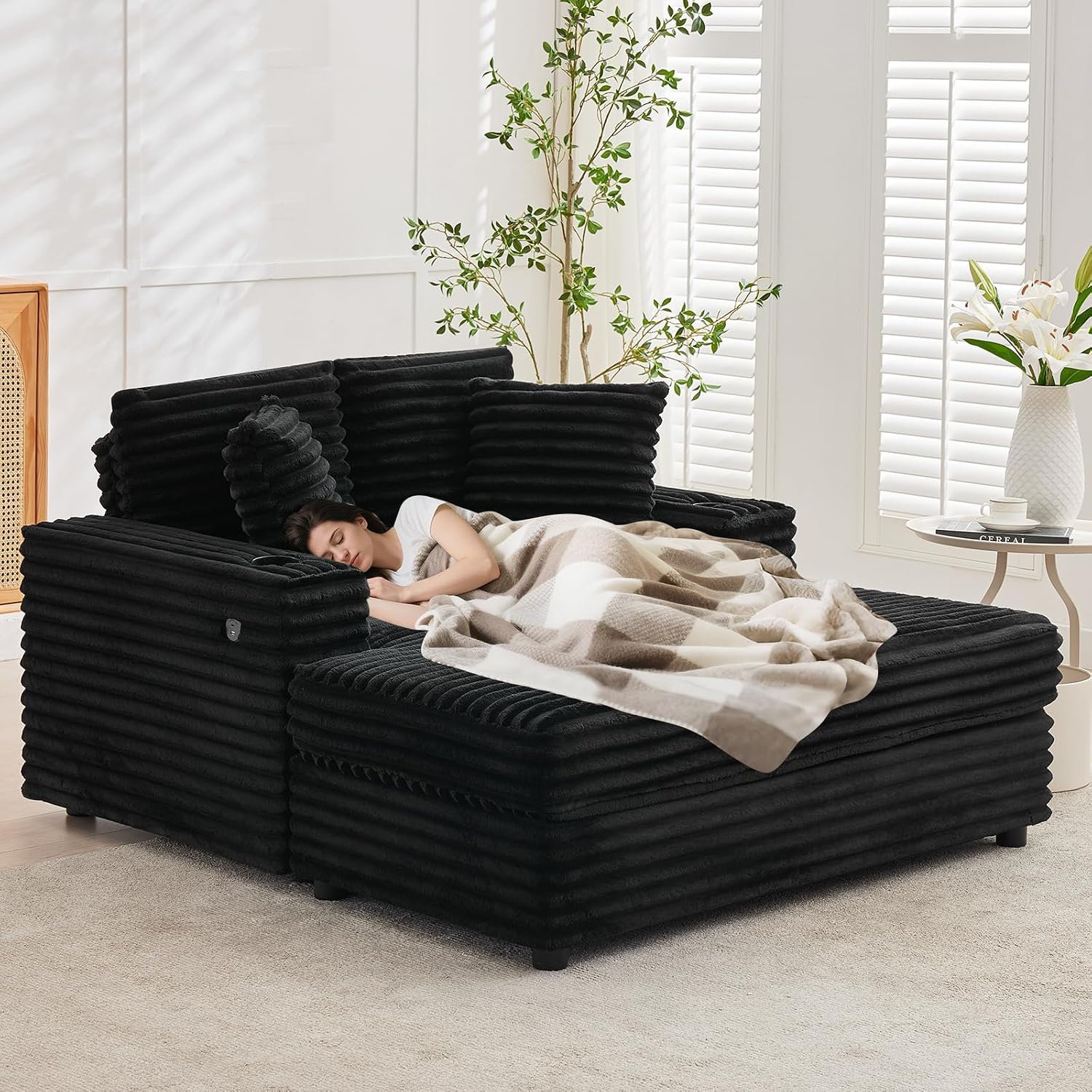 GarveeHome Oversized Chaise Lounge Chair Indoor, 56x60 in Comfortable Corduroy Lounge Sofa with Charging Ports & Cup Holders, Cozy Reading Couch for Bedroom Living Room Apartment, Black (Black)