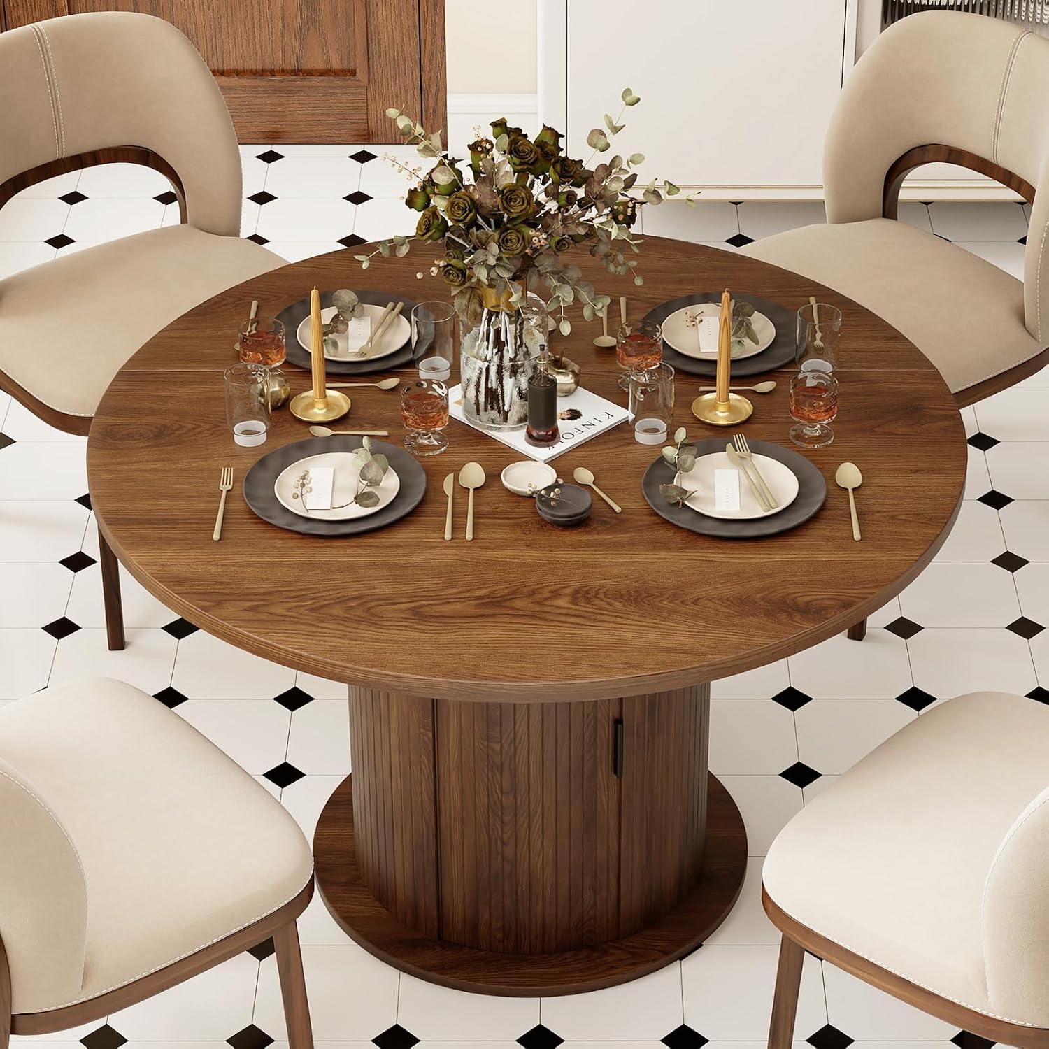 47' Round Dining Table with 2-Tier Hidden Storage - Space Saving Wood Kitchen Table for Small Spaces, Seats 4-6, Mid-Century Modern Circle Design,Brown