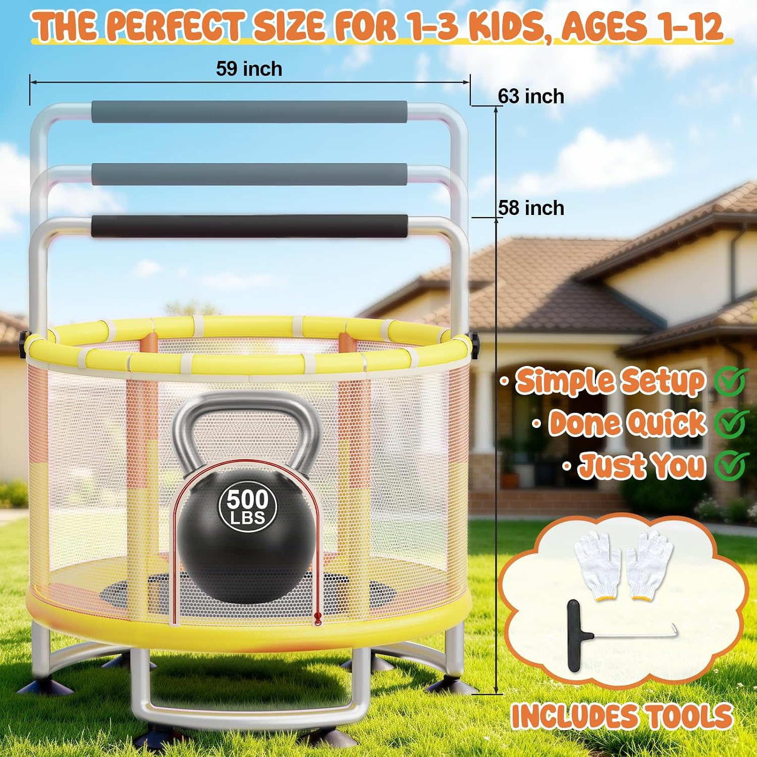 60' Toddler Trampoline for Kids,5FT Kids Trampoline for Toddlers 1-3,Upgrade Adjustable Kids Trampoline Indoor Outdoor,Mini Trampoline for Kids 2-5,500lbs Baby Small Trampoline with Net and Swing