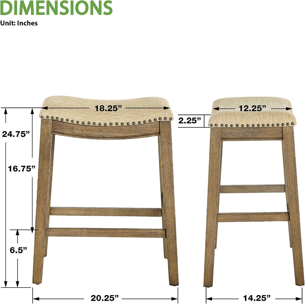 OSP Home Furnishings Metro Farmhouse Saddle Stool with Nailhead Trim, 2-Pack, 24-inch Counter Height, Medium Oak Frame with Camel Fabric