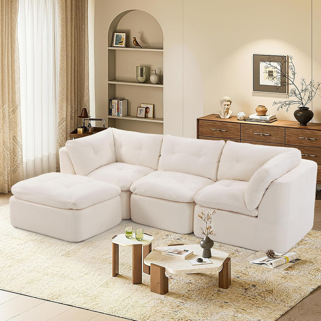 Tufted Cushions Cloud Sectional Boneless Sectional Sofa with Movable Ottoman, 112' Oversized Modular Convertible L Shaped Corner Couch with Deep Seat,Memory Foam Compressed Sofa