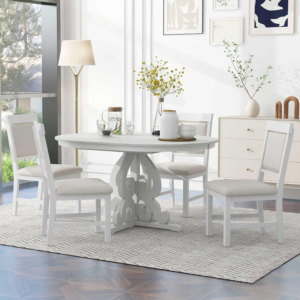 Merax Dining Table Set for 4, Extendable Round Tabletop with 16 inch Leaf and Upholstered Chairs, Retro Hollowed-Out Carving Design, White