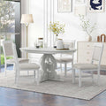 Merax Dining Table Set for 4, Extendable Round Tabletop with 16 inch Leaf and Upholstered Chairs, Retro Hollowed-Out Carving Design, White