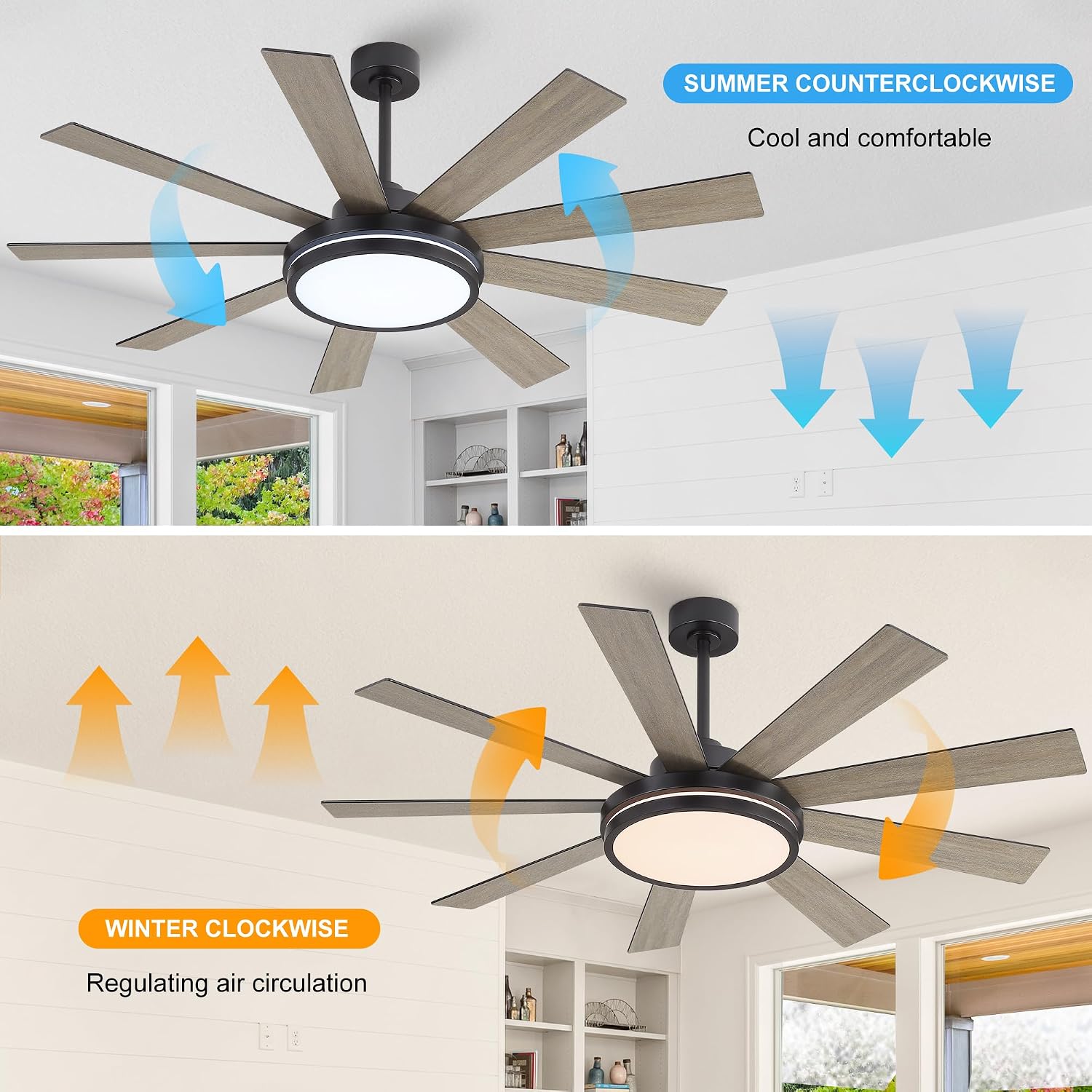 WINGBO 60' Ceiling Fan with Light - Large LED Dimmable Light, 6-Speed Remote Control, Reversible DC Motor, Modern Ceiling Fan 9 Blades for Bedroom, Living Room, Indoor Outdoor Black and Driftwood
