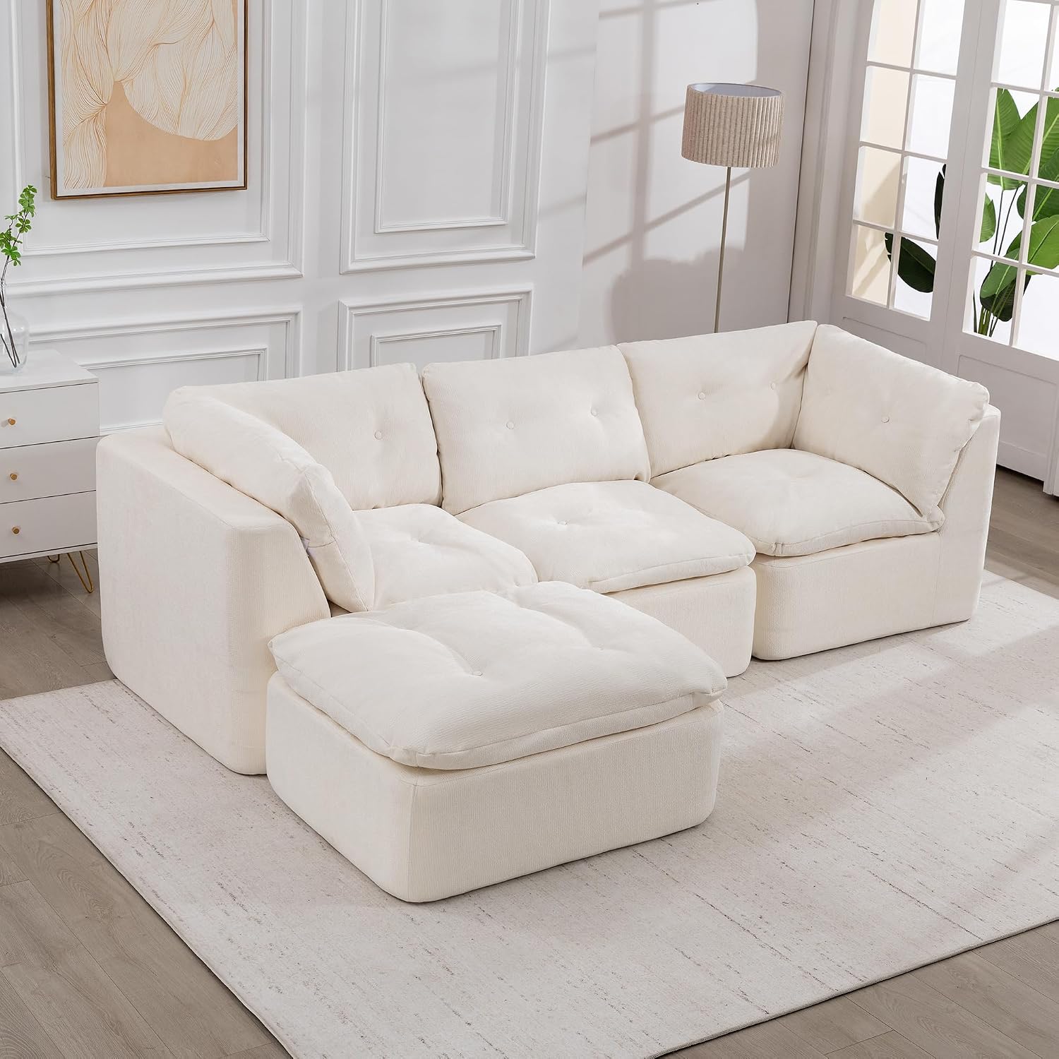 Tufted Cushions Cloud Sectional Boneless Sectional Sofa with Movable Ottoman, 112' Oversized Modular Convertible L Shaped Corner Couch with Deep Seat,Memory Foam Compressed Sofa